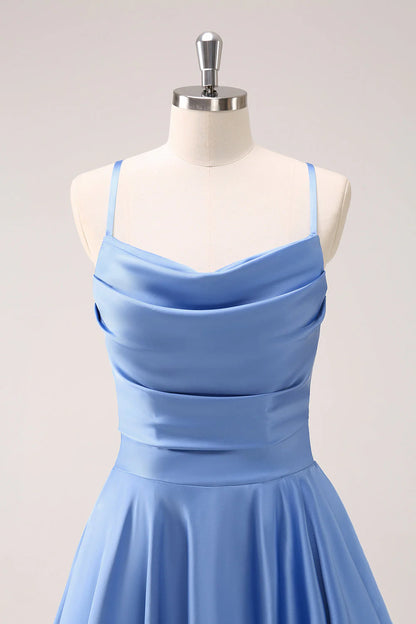 Blue A-line satin asymmetrical ruffle edge slit bridesmaid dress