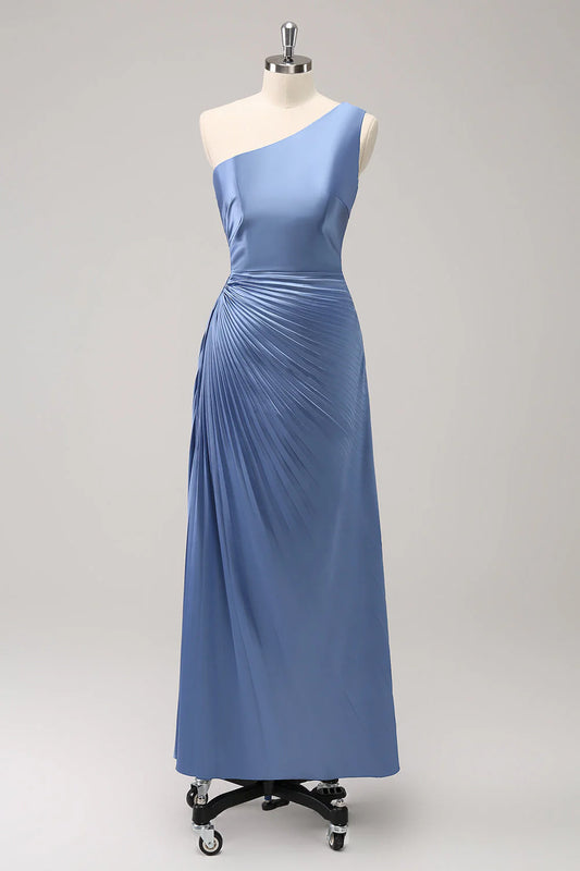 Blue one shoulder satin keyhole long bridesmaid dress