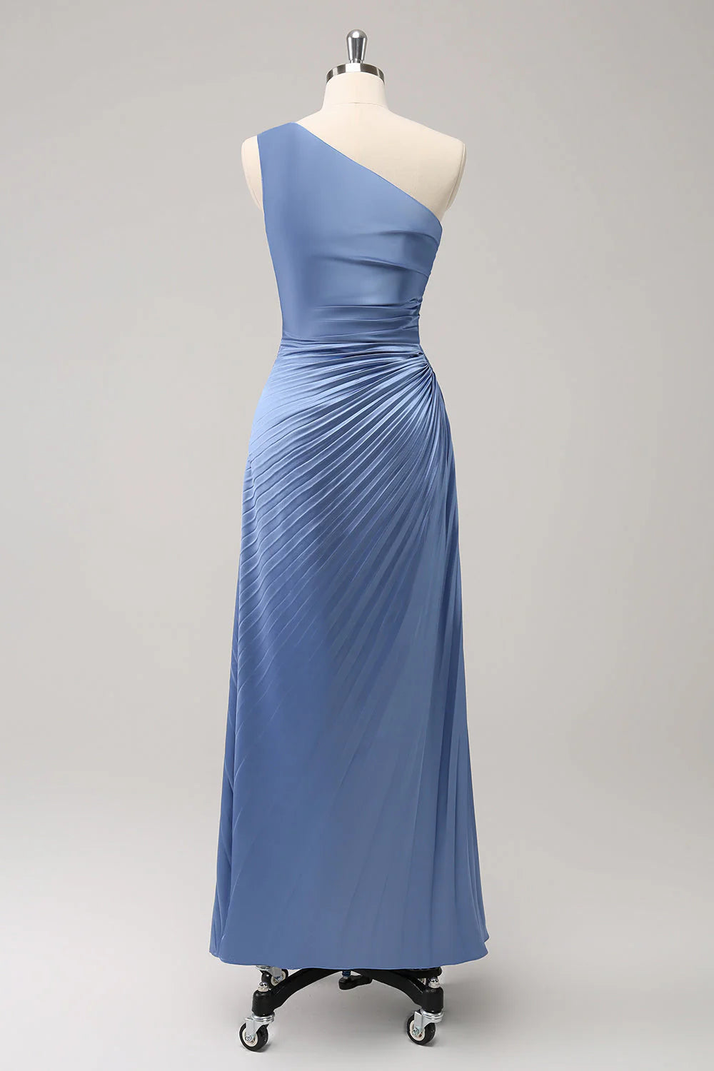 Blue one shoulder satin keyhole long bridesmaid dress