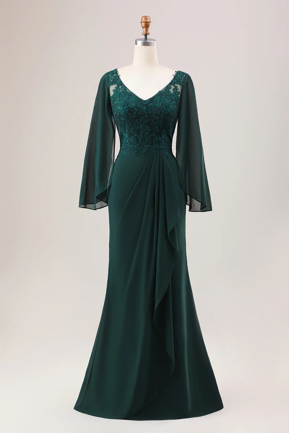 Deep green fish tail V-neck bead decoration long sleeved bridal mother dress