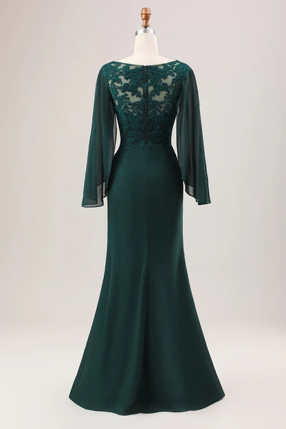 Deep green fish tail V-neck bead decoration long sleeved bridal mother dress