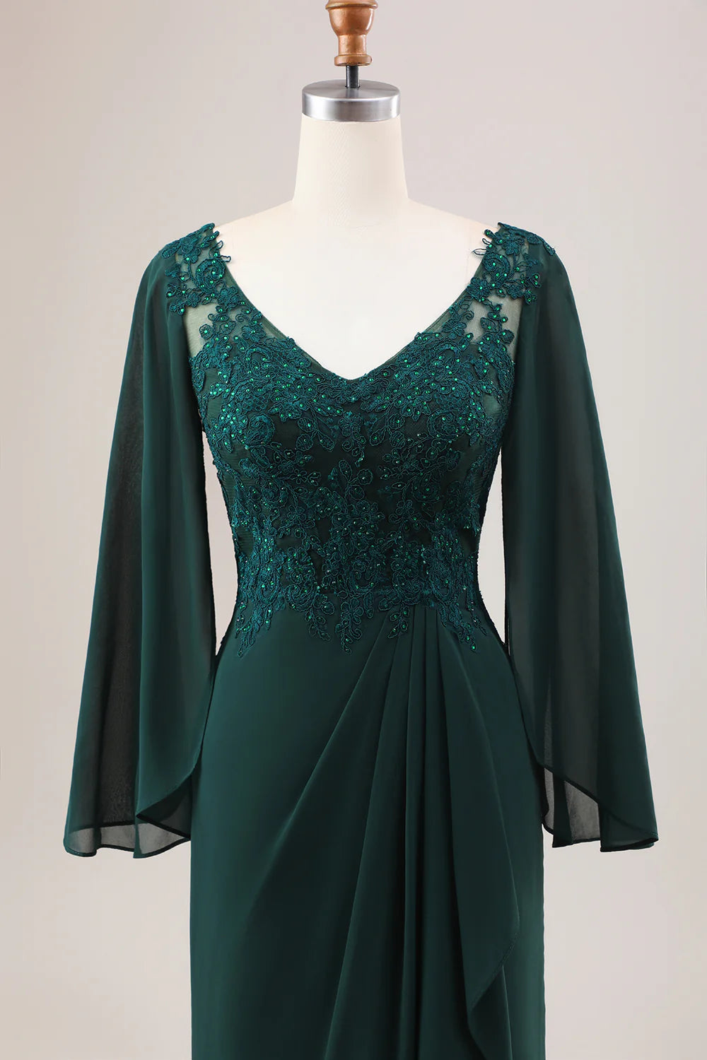 Deep green fish tail V-neck bead decoration long sleeved bridal mother dress