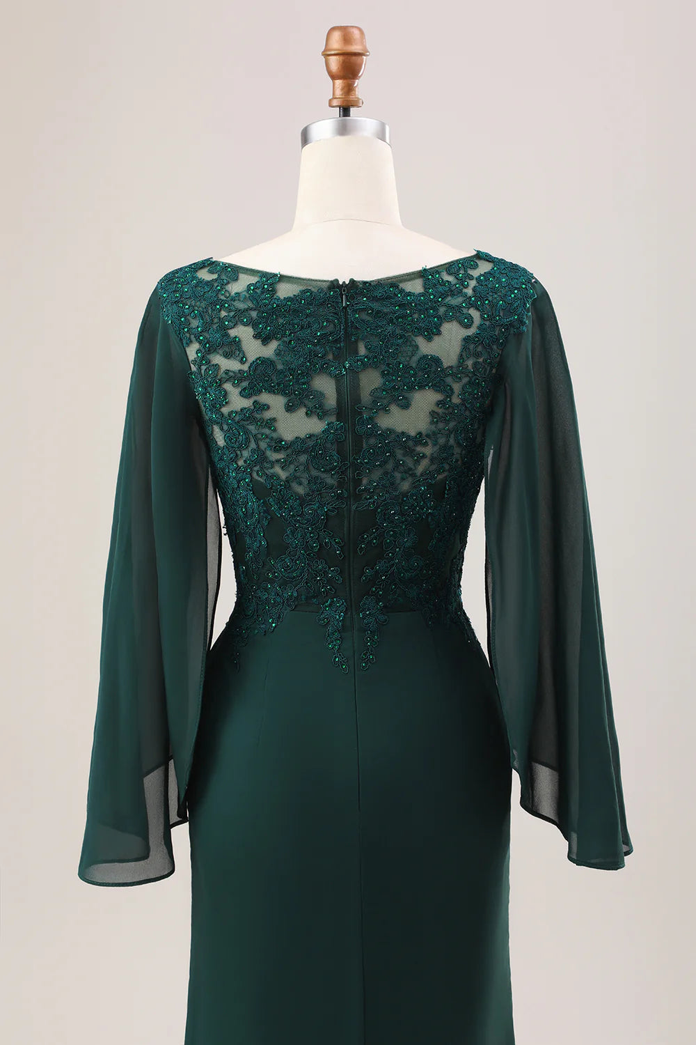 Deep green fish tail V-neck bead decoration long sleeved bridal mother dress