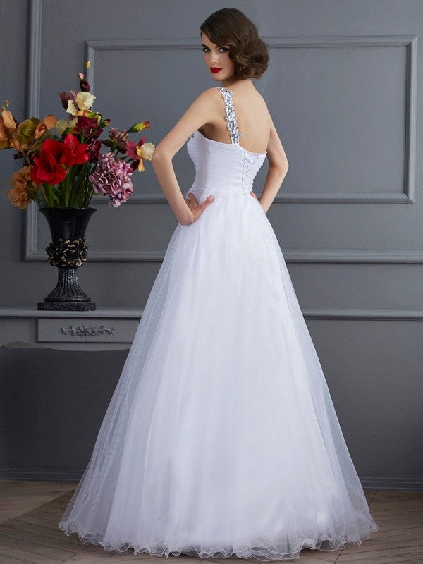 Ball Gown One-Shoulder Sleeveless Beading Long Tulle Quinceanera Dresses