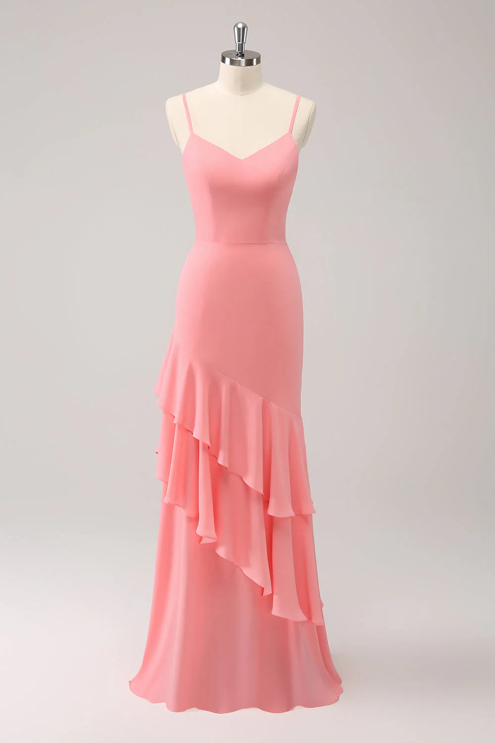 Pink mermaid thin shoulder strap lotus leaf edge bridesmaid dress