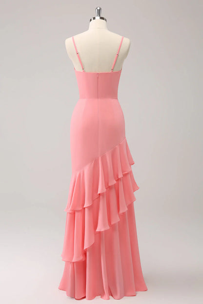 Pink mermaid thin shoulder strap lotus leaf edge bridesmaid dress