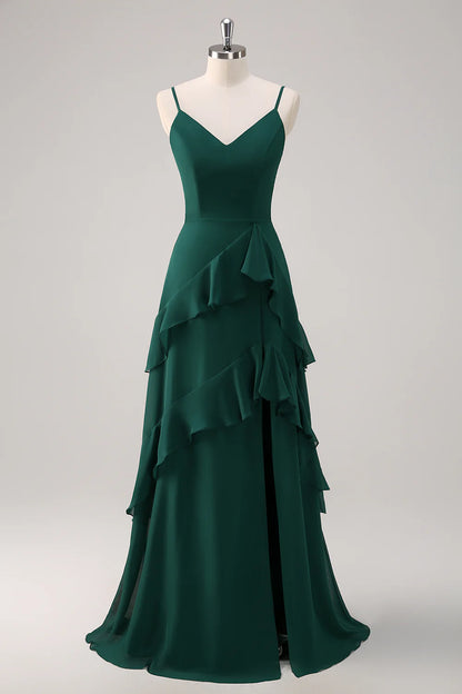 Deep green A-line thin shoulder strap ruffled chiffon and floor length slit bridesmaid dress