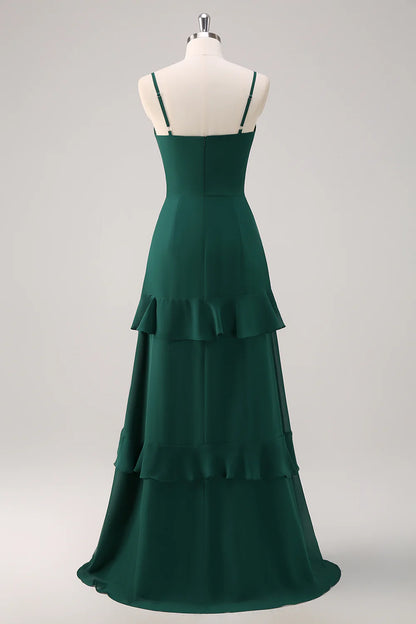 Deep green A-line thin shoulder strap ruffled chiffon and floor length slit bridesmaid dress