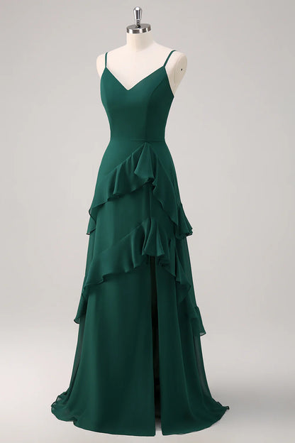 Deep green A-line thin shoulder strap ruffled chiffon and floor length slit bridesmaid dress