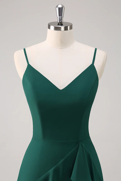 Deep green A-line thin shoulder strap ruffled chiffon and floor length slit bridesmaid dress