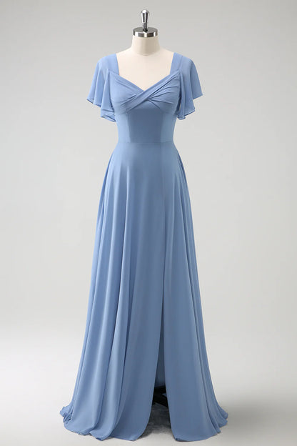 Grey blue A-line chiffon ruffle pleated and floor length bridesmaid dress