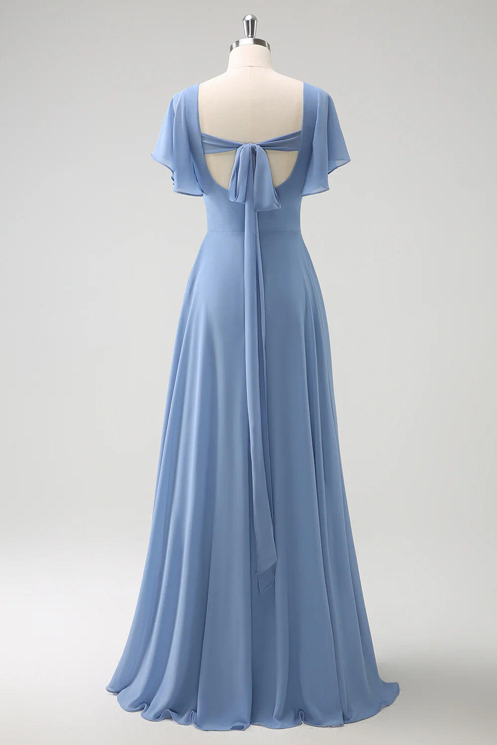 Grey blue A-line chiffon ruffle pleated and floor length bridesmaid dress