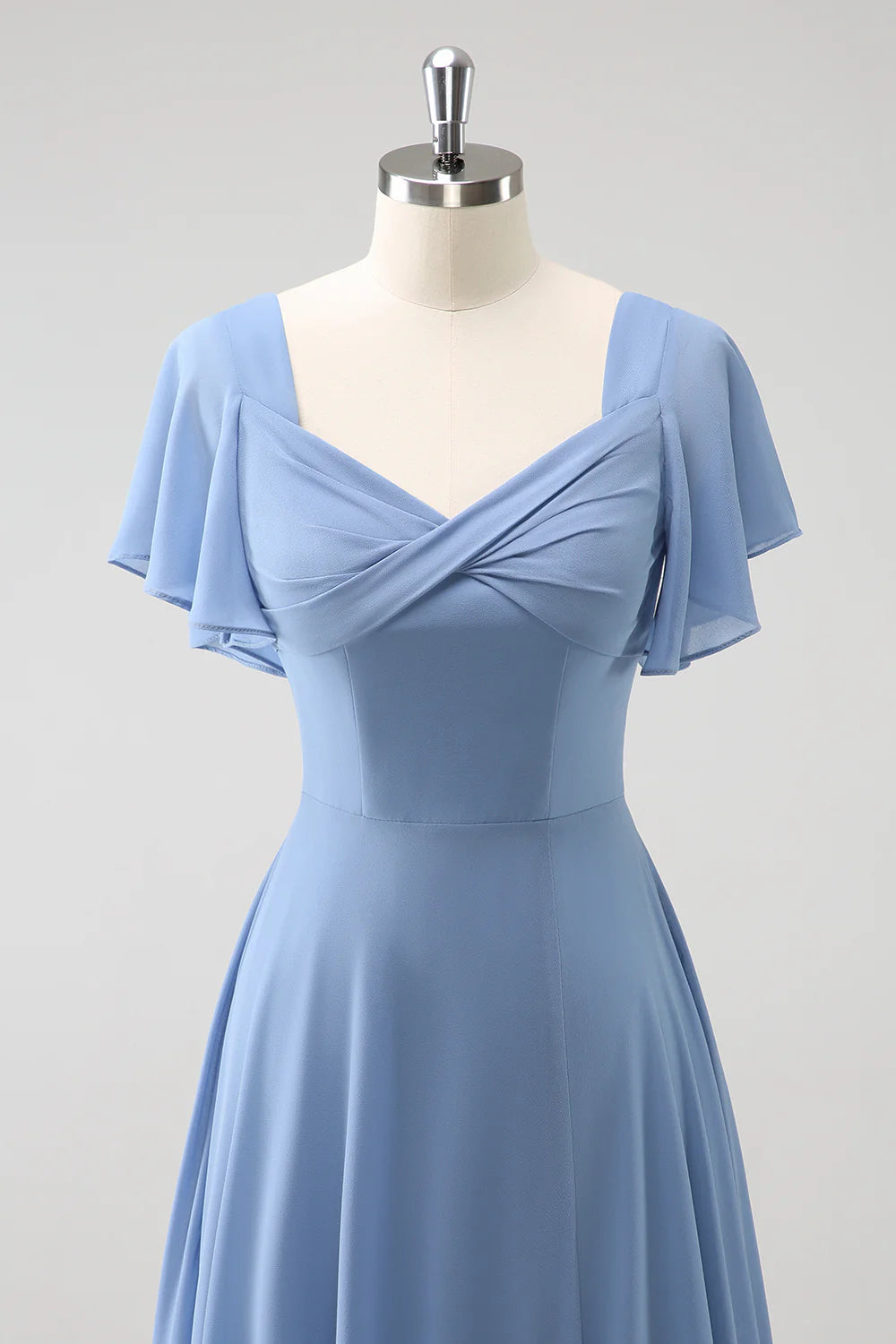 Grey blue A-line chiffon ruffle pleated and floor length bridesmaid dress