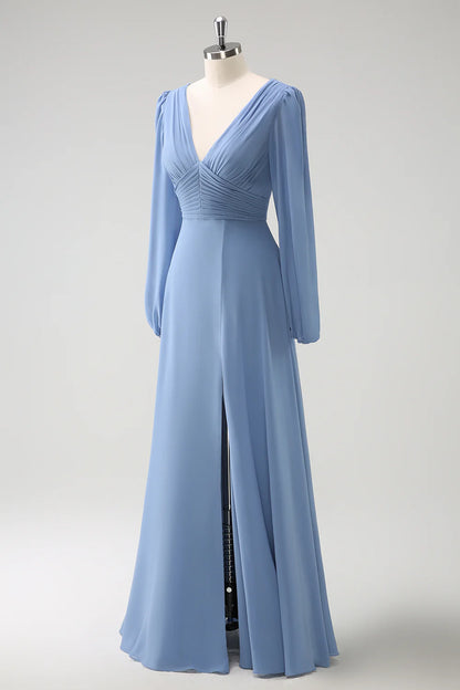 Grey blue A-line V-neck pleated long sleeved chiffon slit long bridesmaid dress