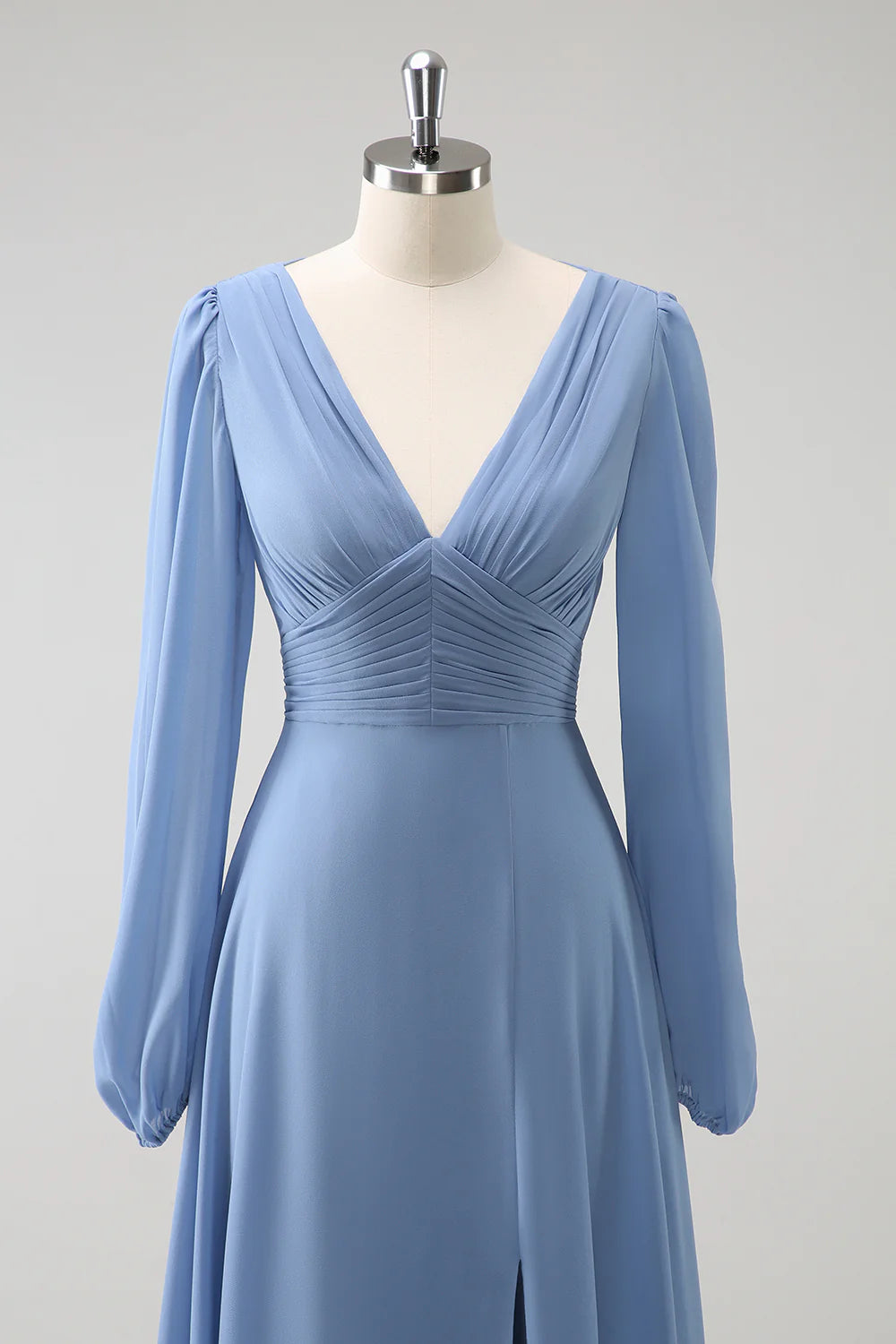 Grey blue A-line V-neck pleated long sleeved chiffon slit long bridesmaid dress