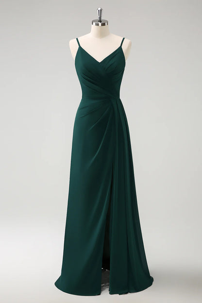 Deep green A-line thin shoulder strap and ground chiffon slit bridesmaid dress