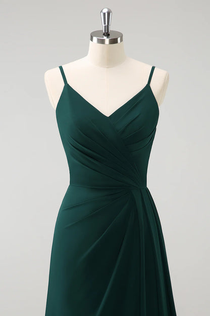 Deep green A-line thin shoulder strap and ground chiffon slit bridesmaid dress