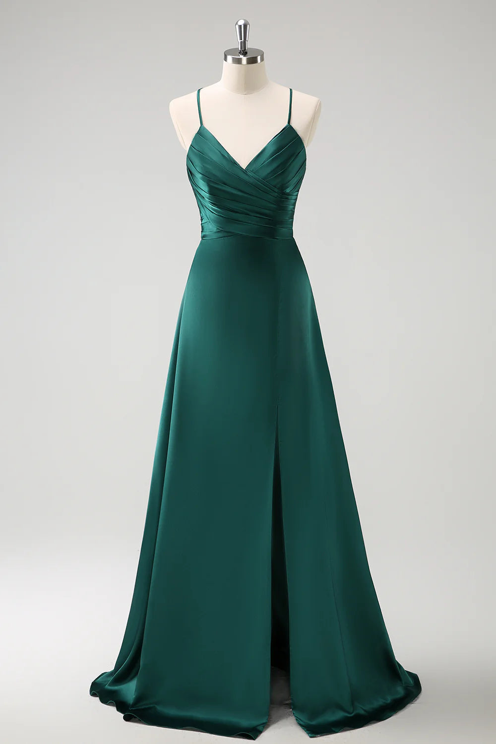 Deep green A-line thin shoulder strap pleated and floor length slit satin bridesmaid dress