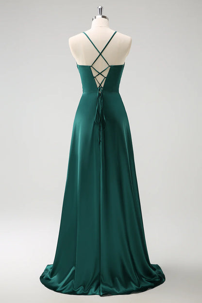 Deep green A-line thin shoulder strap pleated and floor length slit satin bridesmaid dress