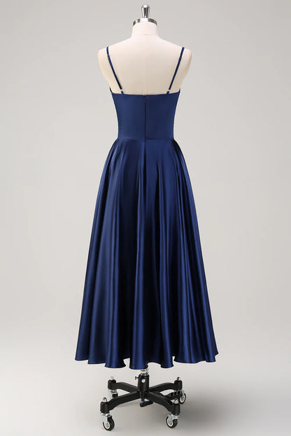 Deep sea army blue A-line thin shoulder strap pleated tea long bridesmaid dress