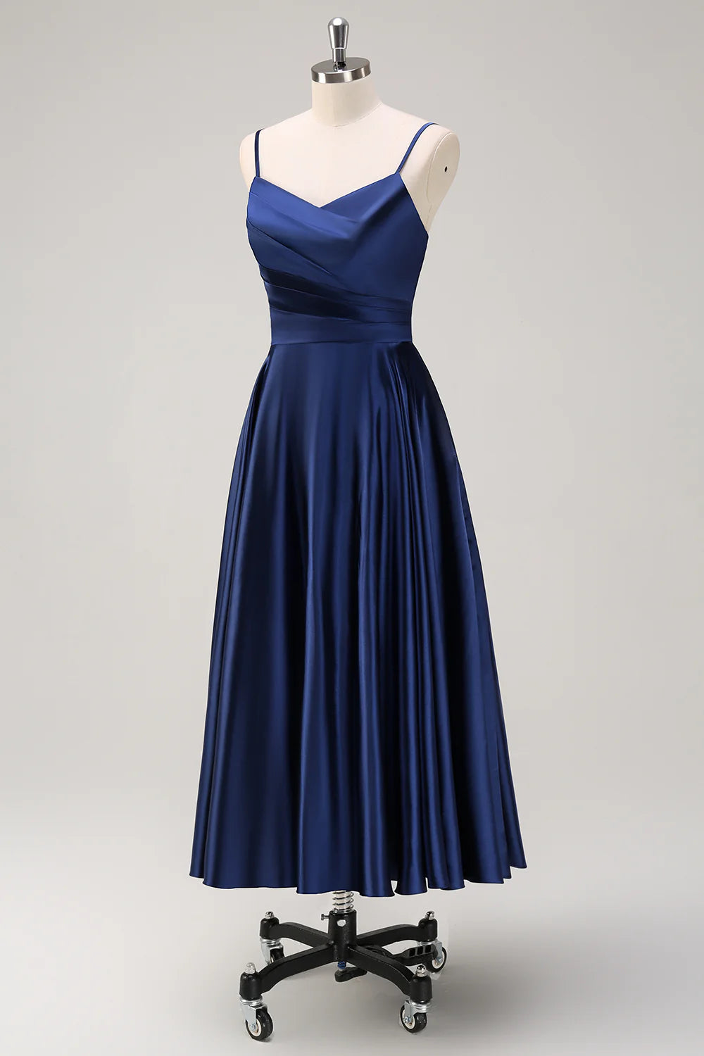 Deep sea army blue A-line thin shoulder strap pleated tea long bridesmaid dress