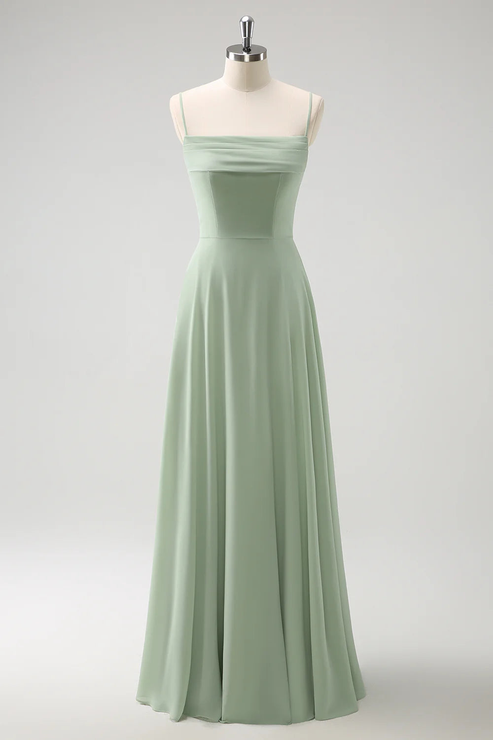 Light green A-line off shoulder chiffon long bridesmaid dress