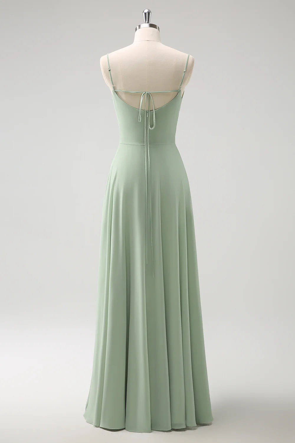 Light green A-line off shoulder chiffon long bridesmaid dress