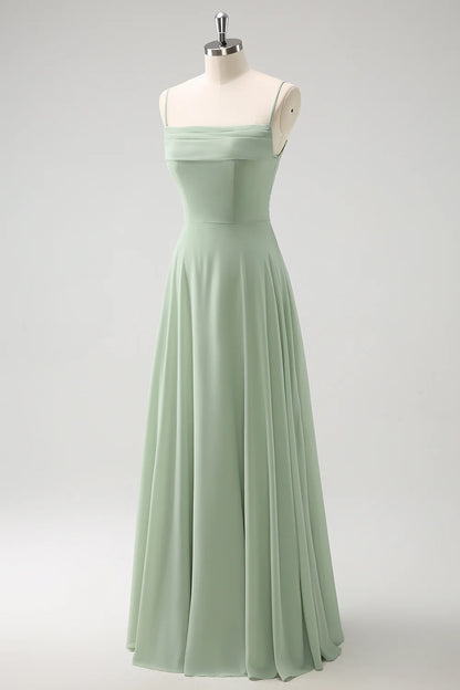 Light green A-line off shoulder chiffon long bridesmaid dress