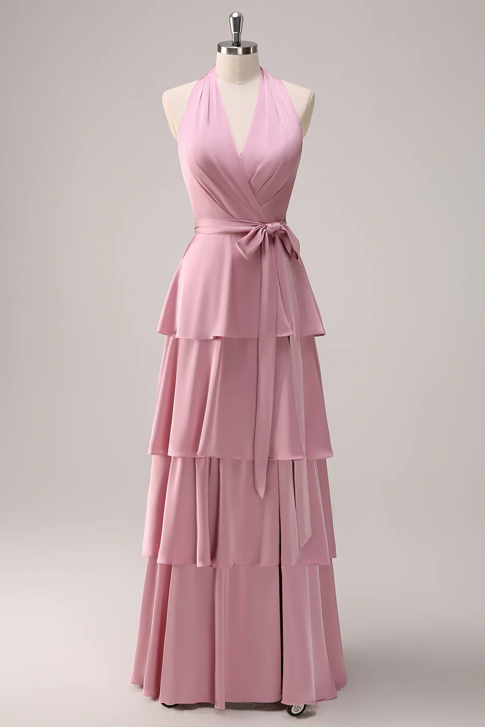 Pink A-line V-neck pleated layered lace up satin long bridesmaid dress