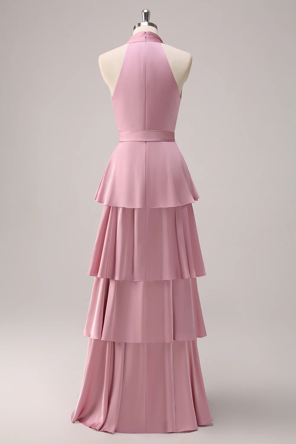 Pink A-line V-neck pleated layered lace up satin long bridesmaid dress