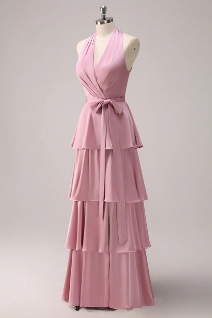 Pink A-line V-neck pleated layered lace up satin long bridesmaid dress