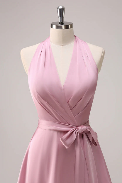 Pink A-line V-neck pleated layered lace up satin long bridesmaid dress