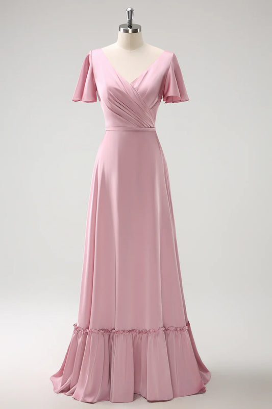 Pink A-link V-neck ruffled pleated satin bridesmaid dress