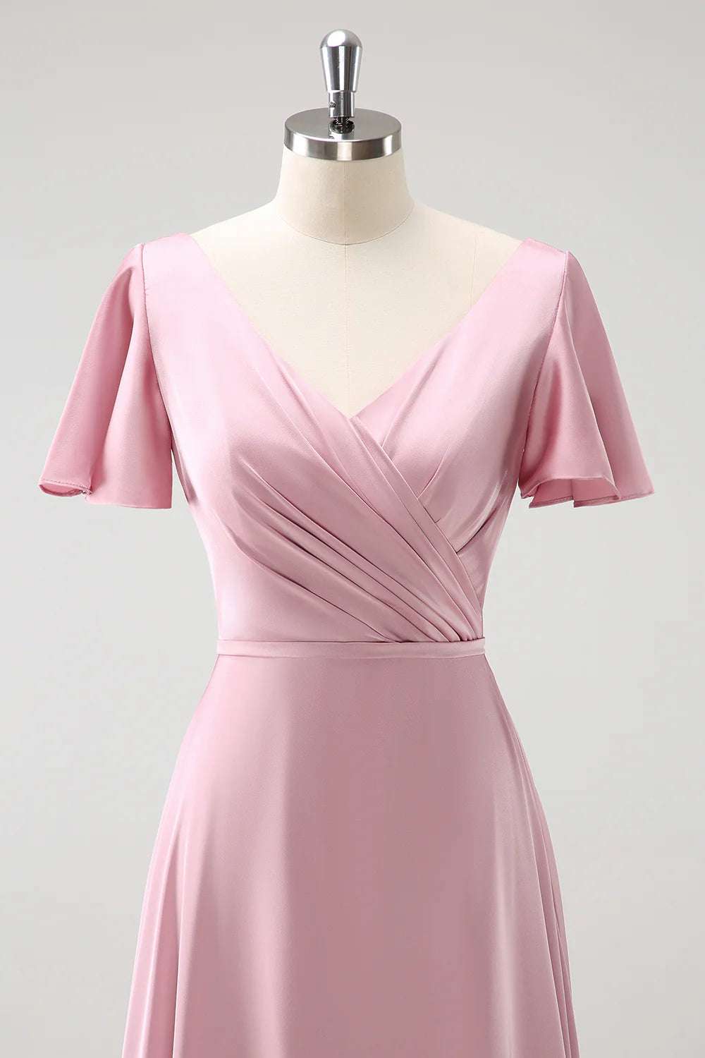 Pink A-link V-neck ruffled pleated satin bridesmaid dress