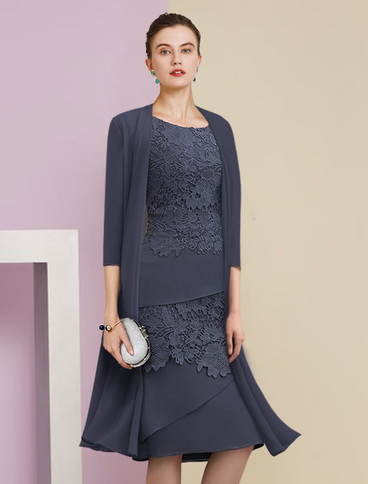 Two Piece Mother of the Bride Dress Formal Wedding Guest Vintage Elegant Scoop Neck Knee Length Chiffon Lace Short Sleeve Jacket Dresses with Tier Appliques