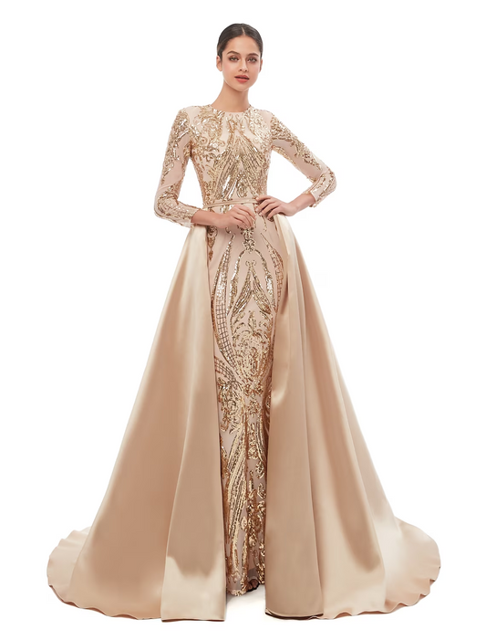 Elegant Vintage Prom Formal Evening Dress Long Sleeve Detachable Sequined