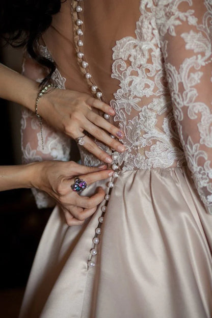 A-Line Lace 3/4 Sleeve Pockets Scoop Satin Button Floor-Length Wedding Dress