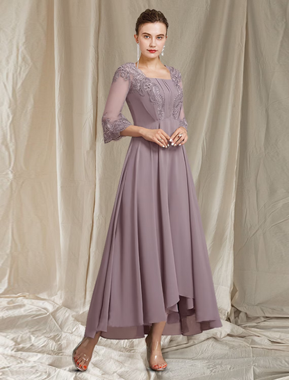 Mother of the Bride Dress Elegant High Low Square Neck Asymmetrical Ankle Length Chiffon Lace Sleeve with Pleats Appliques