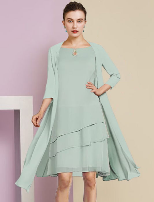 Two Piece A-Line Mother of the Bride Dress Formal Wedding Guest Elegant Scoop Neck Knee Length Chiffon Sleeve with Tier