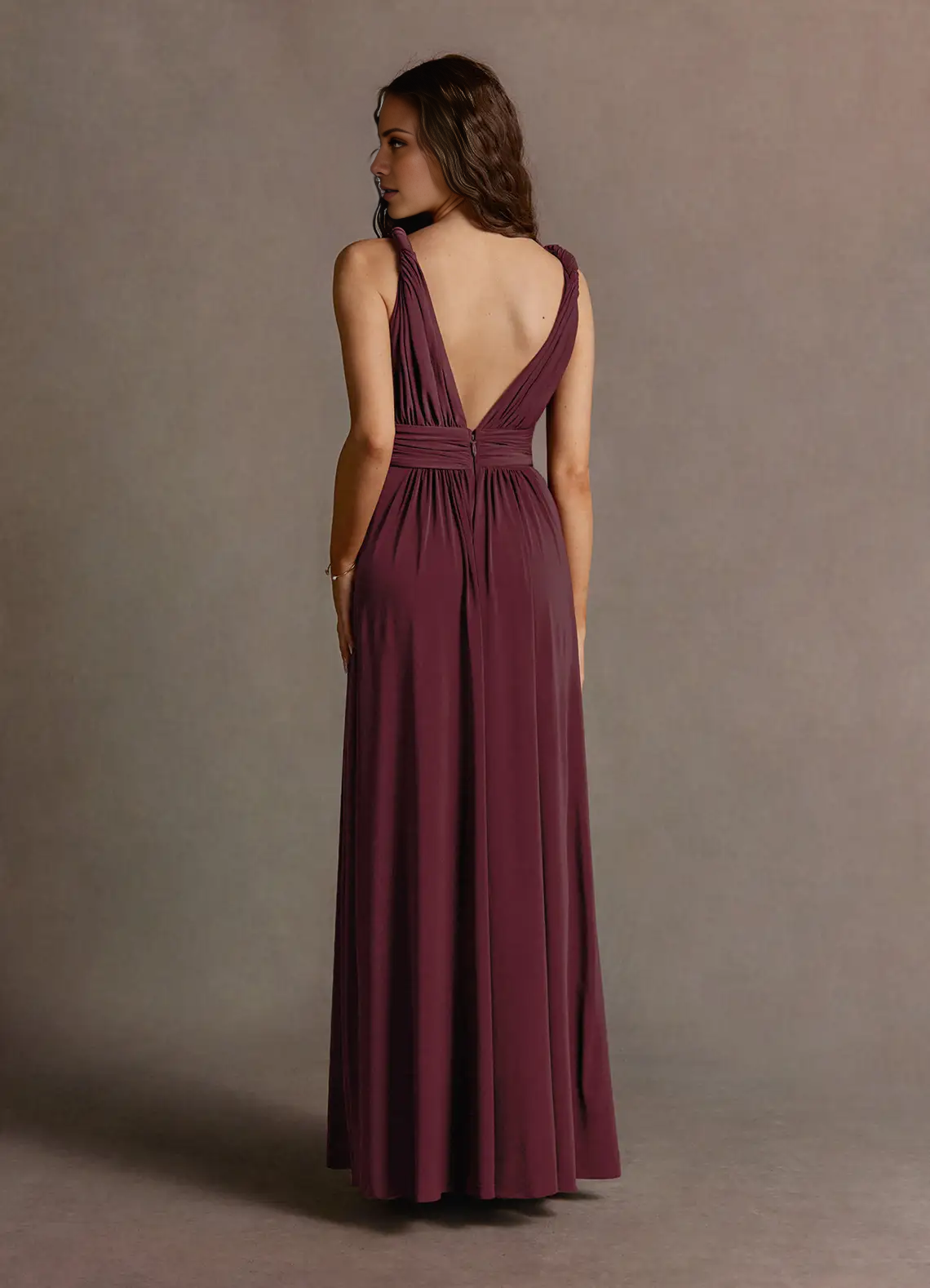 A-line deep V-neck sleeveless off shoulder and floor length evening gowns