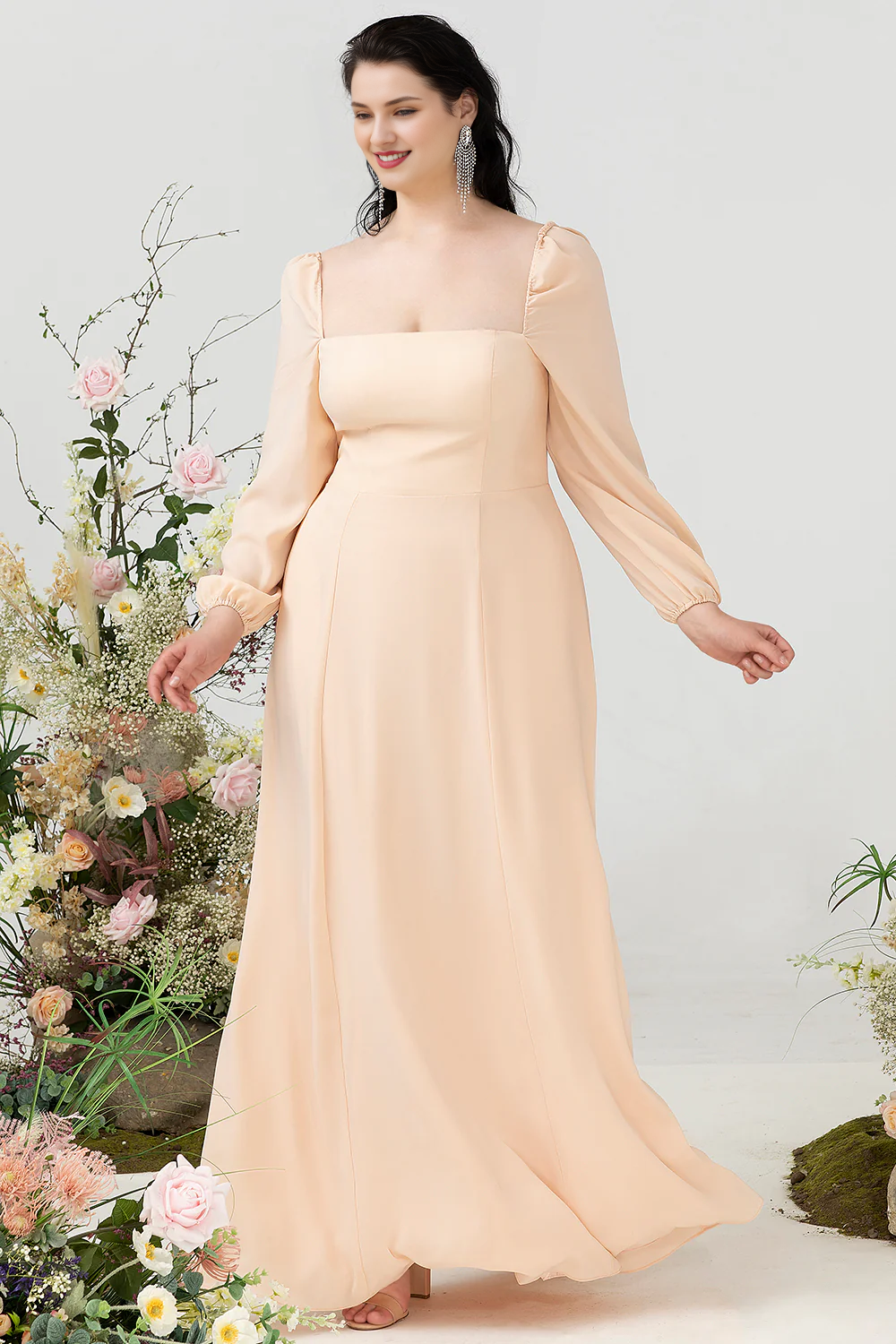 Champagne A-line square neck chiffon plus size bridesmaid dress