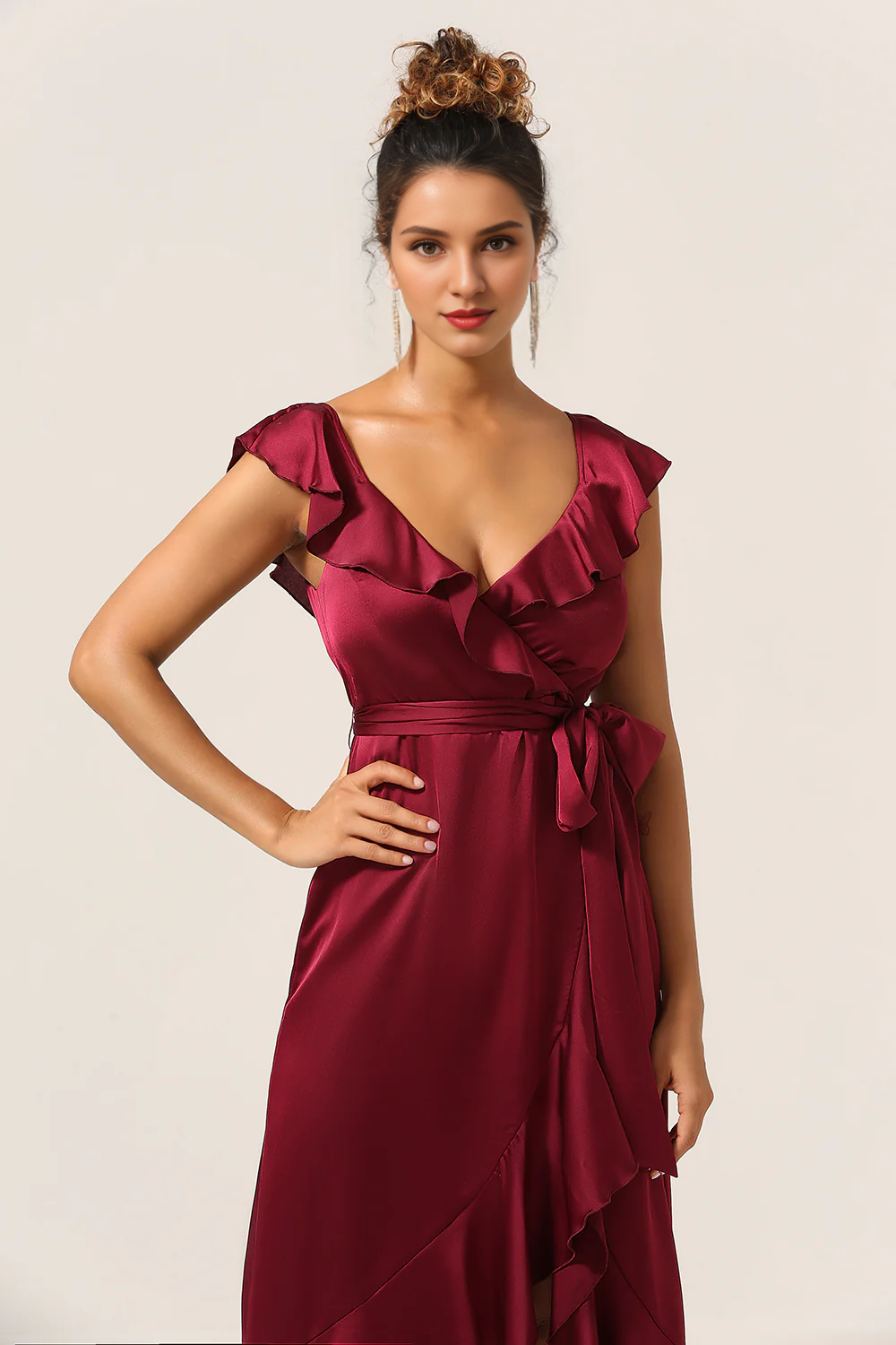 Wine red ruffled asymmetrical V-neck long bridesmaid dress