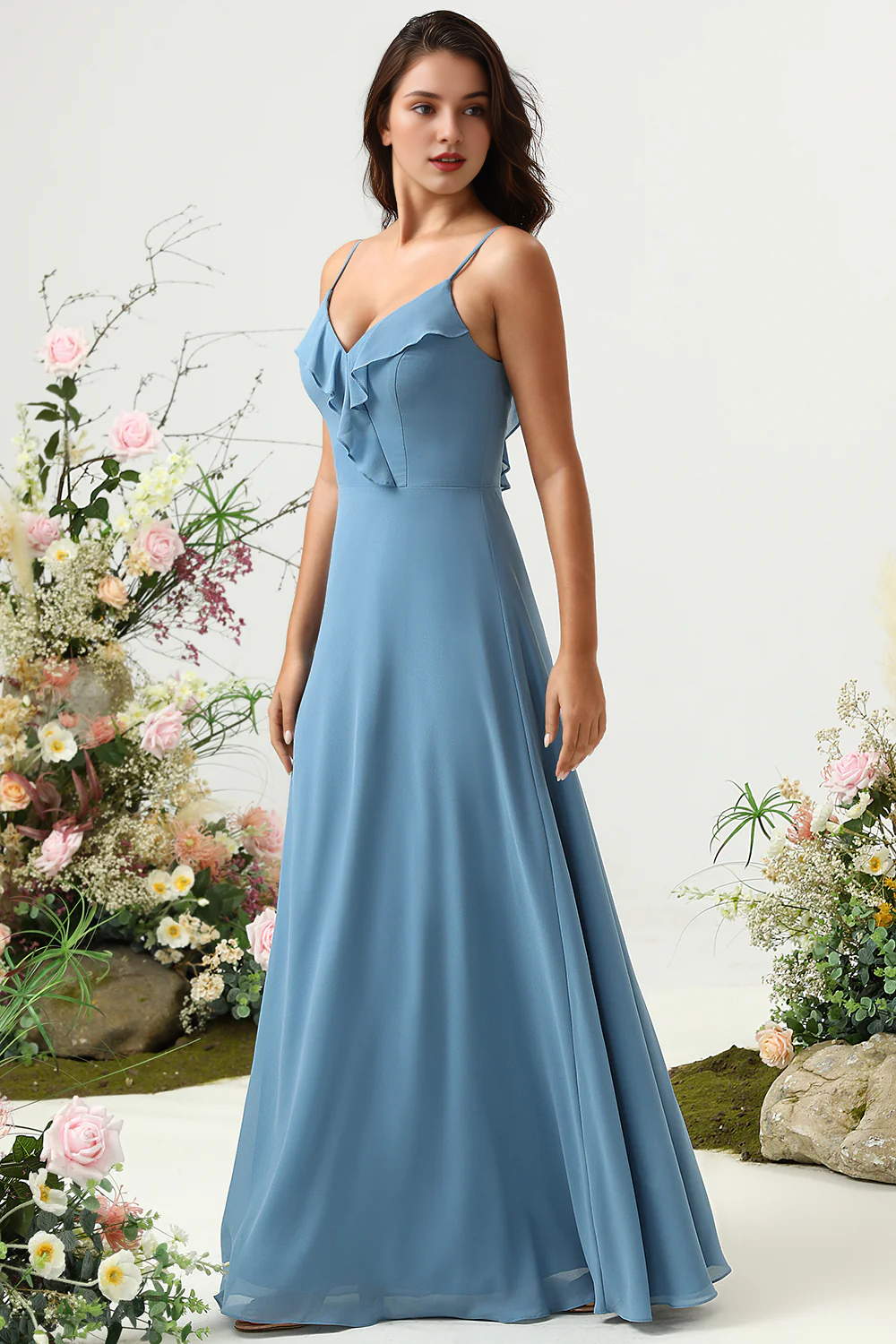 Grey blue A-line thin shoulder strap ruffled chiffon bridesmaid dress