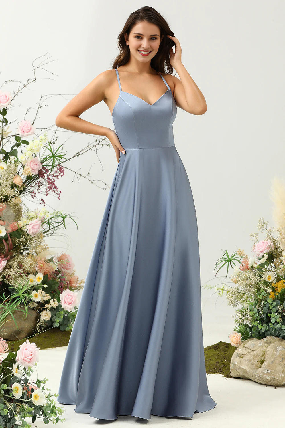 Grey blue A-line thin shoulder strap bright satin ruffled bridesmaid dress