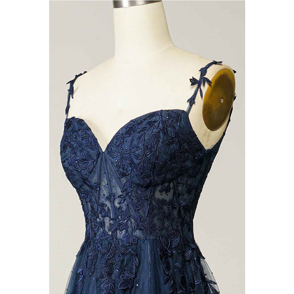 A Line Thin Shoulder Strap Open Back Navy Blue Applique Prom Dress