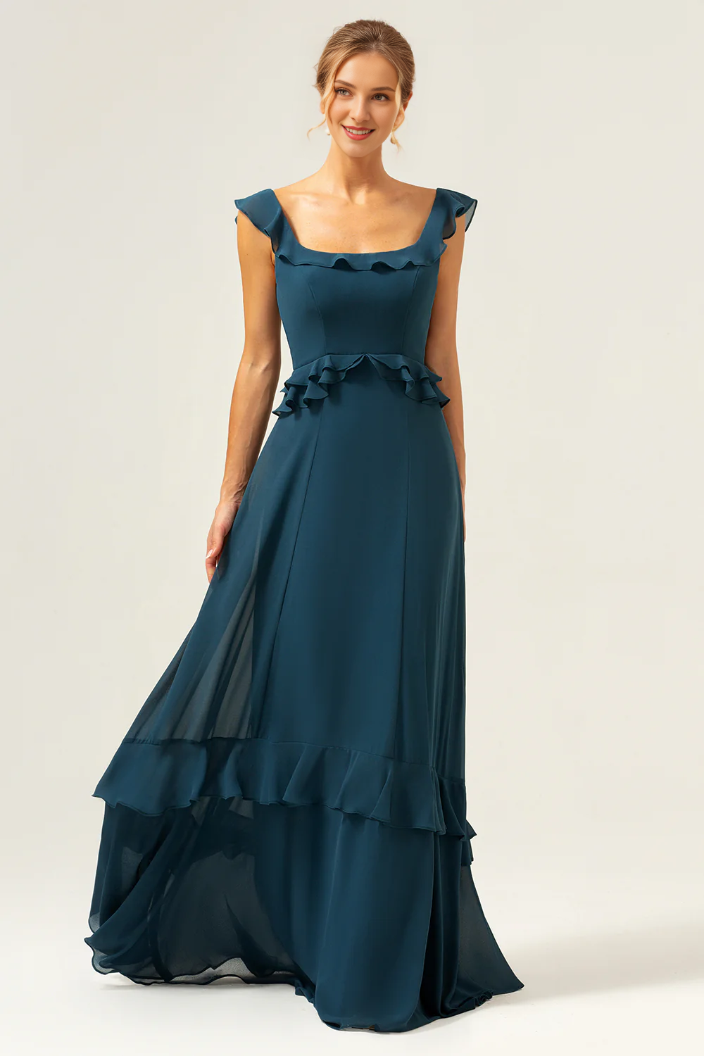 Deep peacock green A-line square neck layered chiffon long bridesmaid dress