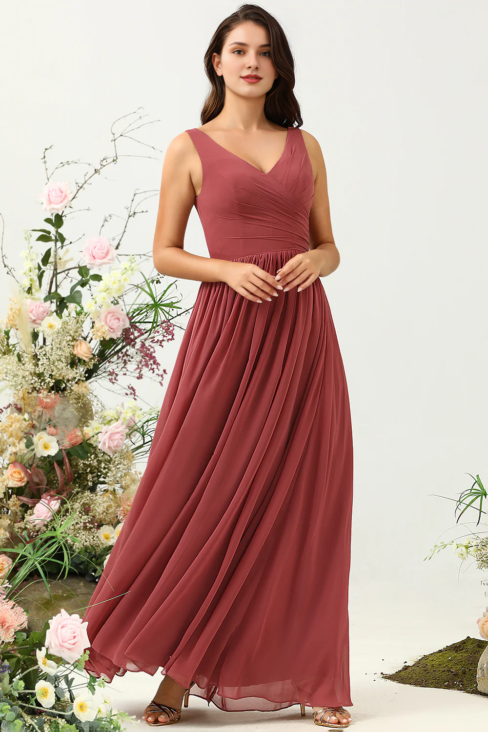 Desert Rose A-line V-neck long chiffon ruffled bridesmaid dress