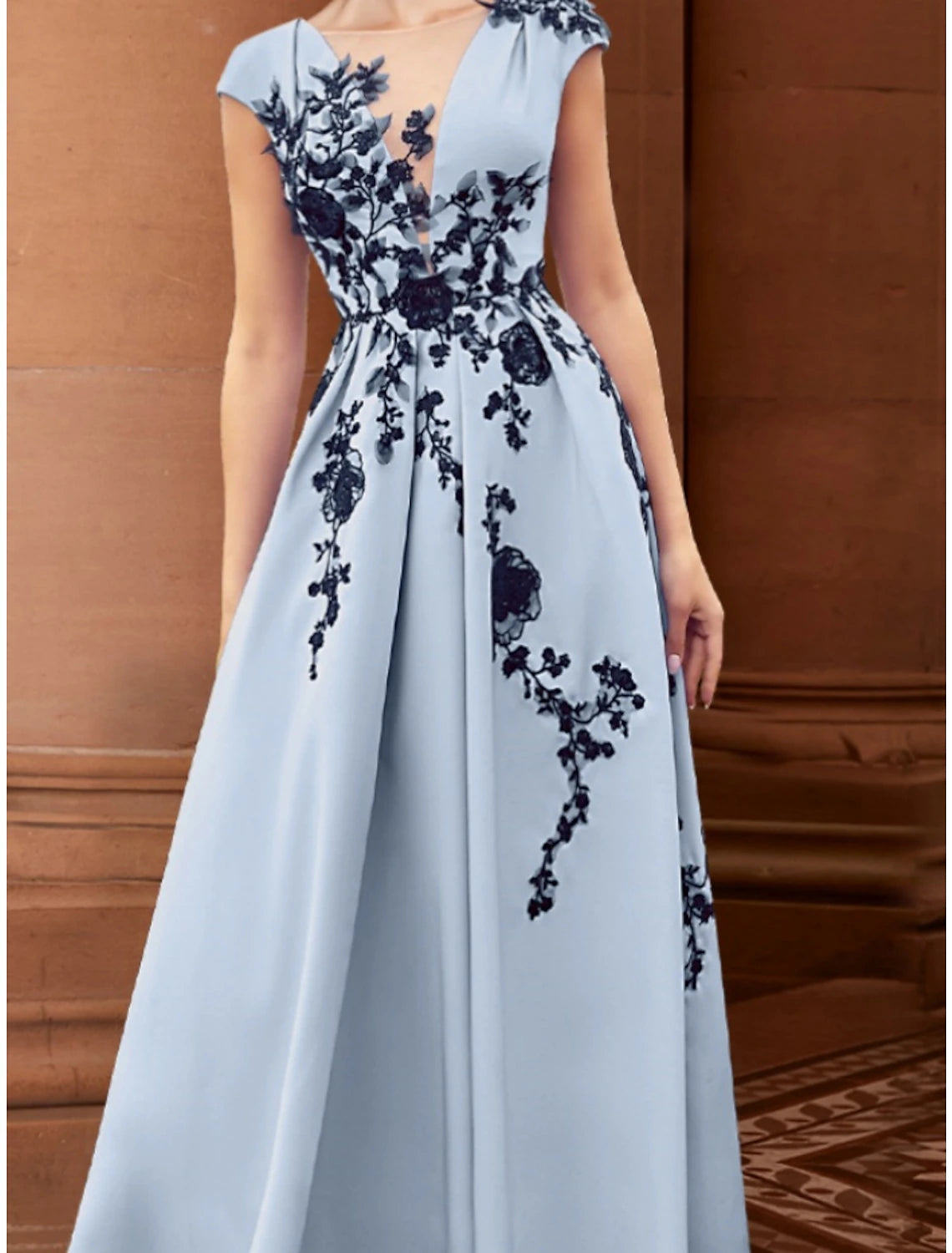 A-Line Mother of the Bride Dress Wedding Guest Elegant Illusion Neck Ankle Length Stretch Chiffon Cap Sleeve with Appliques Ruching