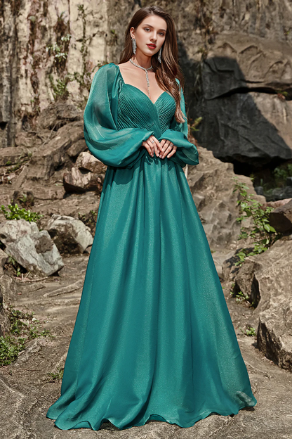 Green ruffled A-line off shoulder long sleeved bridesmaid dress