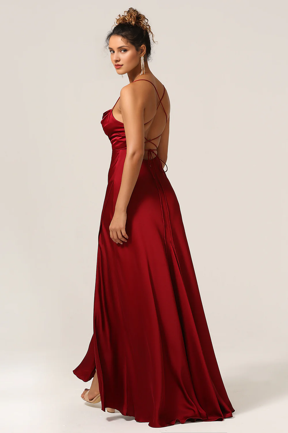 Wine red A-line thin shoulder strap and satin bridesmaid dress